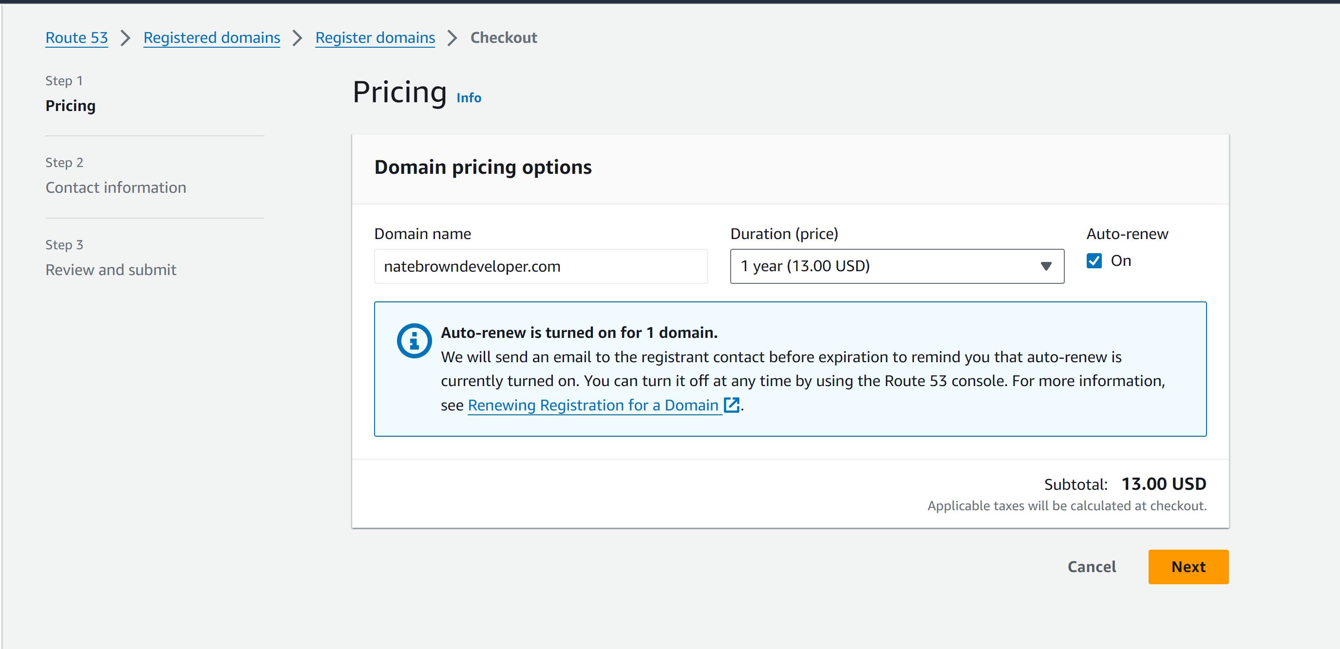 picture of the Search for Domain Pricing view